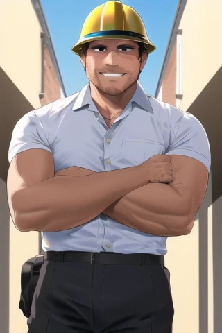 cross arms, helmet, laugh, muscular, Masterpiece, daytime, middle-aged man, work clothes